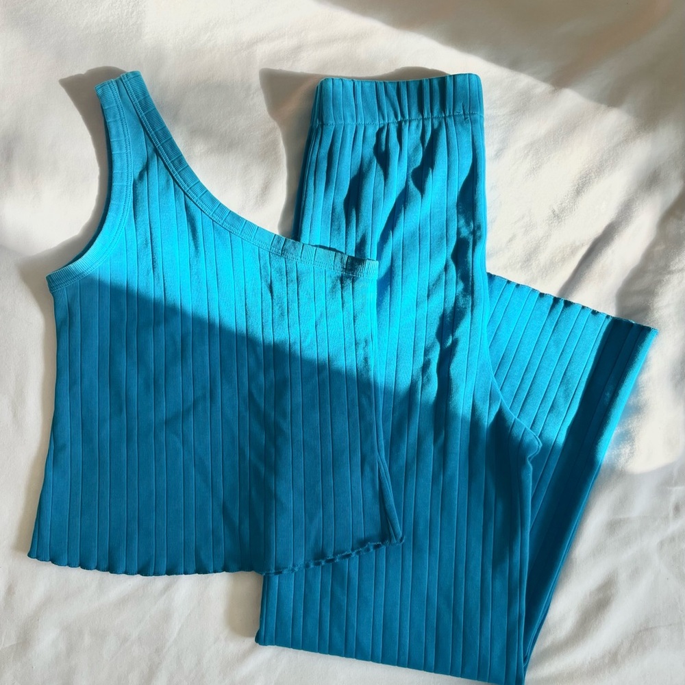 Blue Ribbed Tank and Pants Set